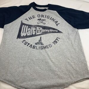 Disney Parks Mens XL Gray Navy Blue T Shirt 3/4 Sleeves Mickey Mouse